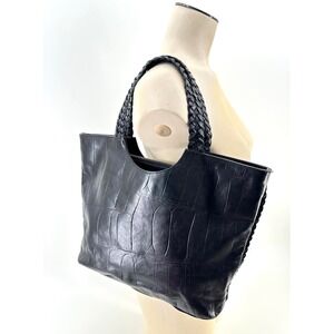 Falor Le Borse Black Croc Embossed Leather Tote Braided Handle Shoulder Bag